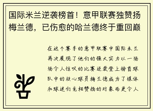 国际米兰逆袭榜首！意甲联赛独赞扬梅兰德，已伤愈的哈兰德终于重回巅峰表现